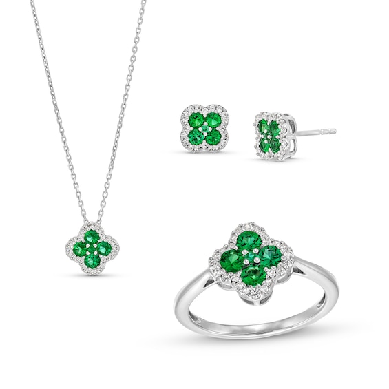 Lab-Created Emerald and White Lab-Created Sapphire Clover Frame Pendant, Stud Earrings and Ring Set in Sterling Silver