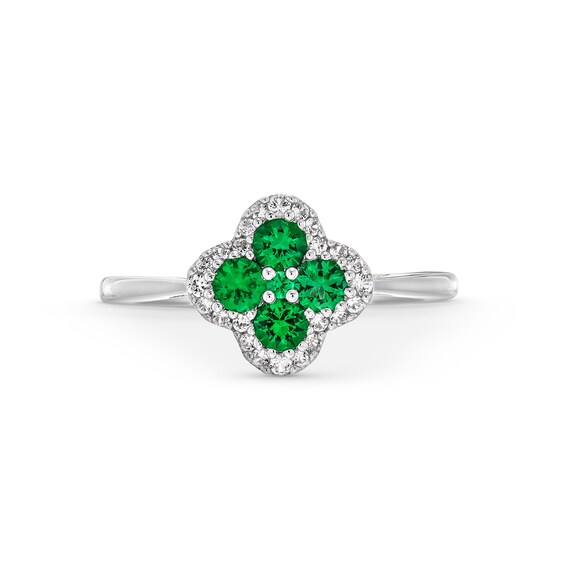 Lab-Created Emerald and White Lab-Created Sapphire Clover Frame Pendant, Stud Earrings and Ring Set in Sterling Silver