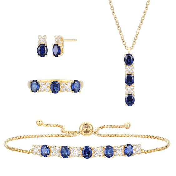 Oval Blue and White Lab-Created Sapphire Four Piece Jewelry Set in Sterling Silver with 14K Gold Plate - Size 7