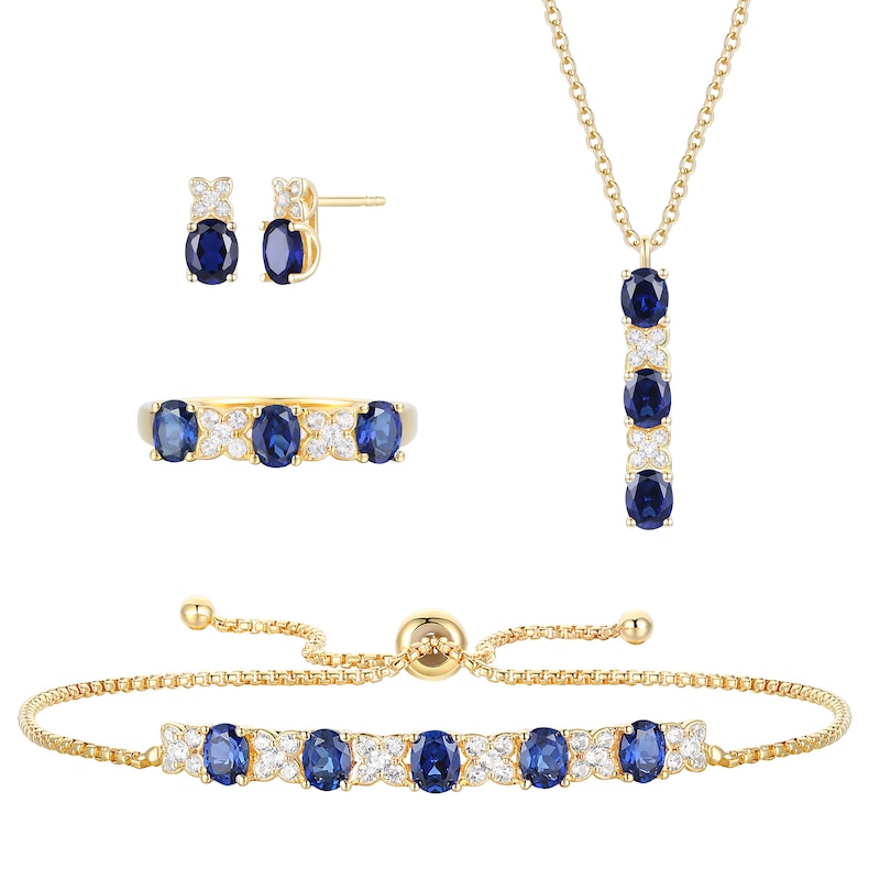 Main Image 1 of Oval Blue and White Lab-Created Sapphire Four Piece Jewelry Set in Sterling Silver with 14K Gold Plate - Size 7