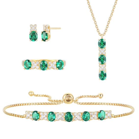 Oval Lab-Created Emerald and White Lab-Created Sapphire Four Piece Jewelry Set in Sterling Silver with 14K Gold Plate
