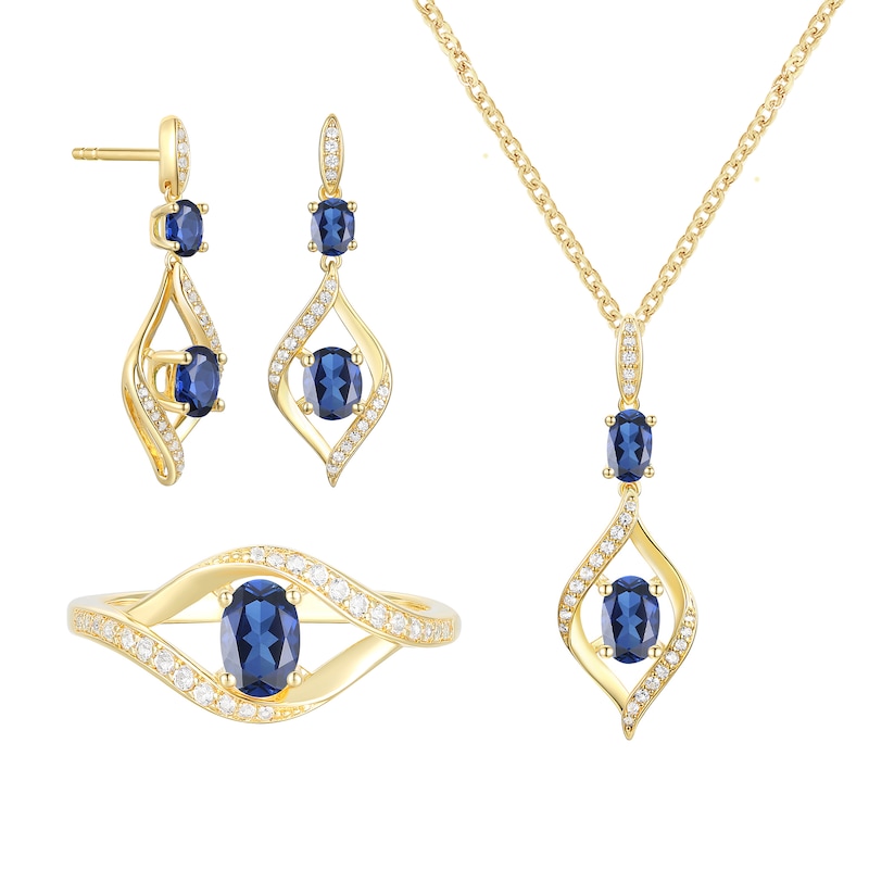 Main Image 1 of Oval-Cut Blue and White Lab-Created Sapphire Frame Pendant, Earrings and Ring Set in Sterling Silver with 14K Gold Plate