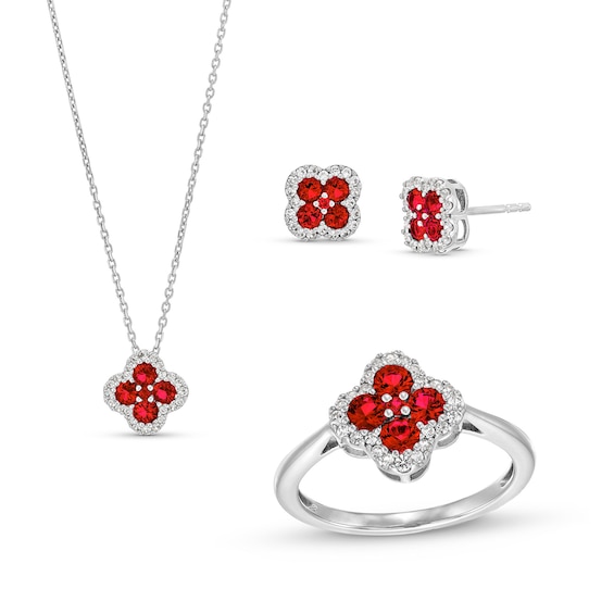 Lab-Created Ruby and White Lab-Created Sapphire Clover Frame Pendant, Stud Earrings and Ring Set in Sterling Silver