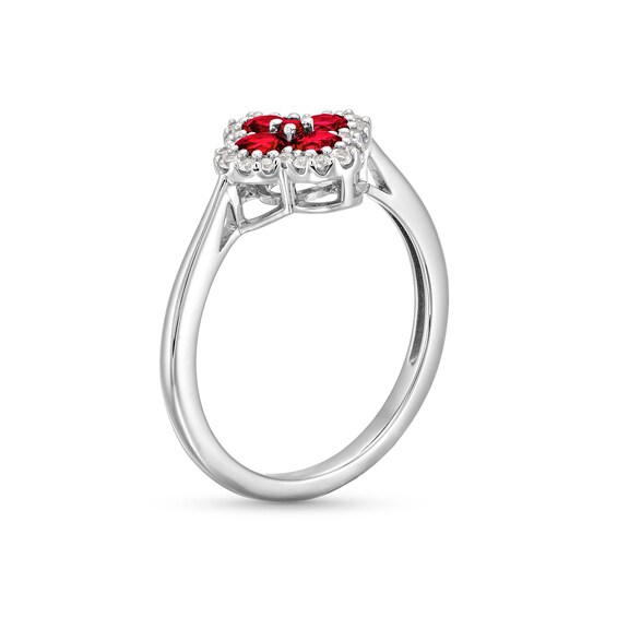Lab-Created Ruby and White Lab-Created Sapphire Clover Frame Pendant, Stud Earrings and Ring Set in Sterling Silver