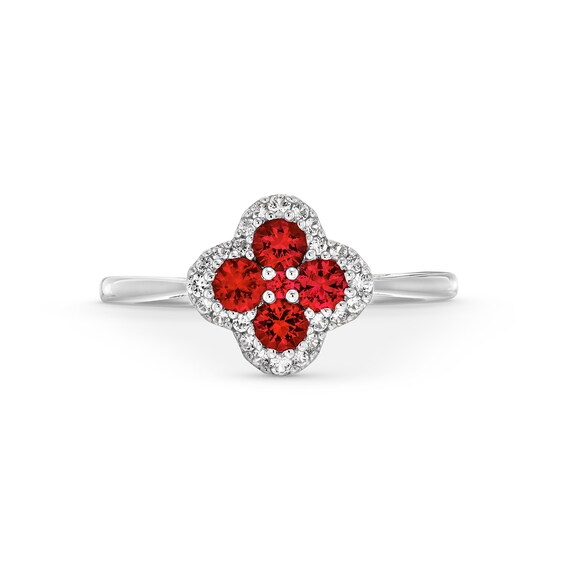 Lab-Created Ruby and White Lab-Created Sapphire Clover Frame Pendant, Stud Earrings and Ring Set in Sterling Silver