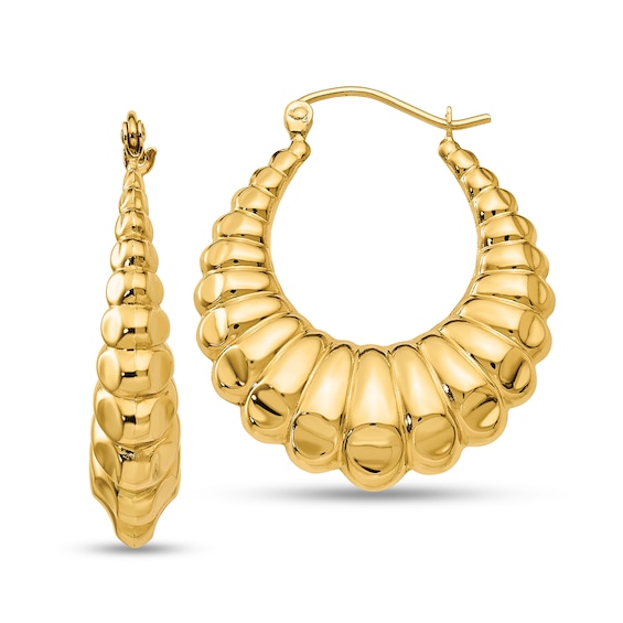 14.0mm Scalloped Tapered Hoop Earrings in Hollow 14K Gold