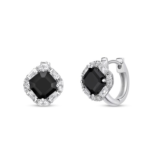 7.0mm Asscher-Cut Onyx and White Lab-Created Sapphire Tilted Cushion Frame Hoop Earrings in Sterling Silver