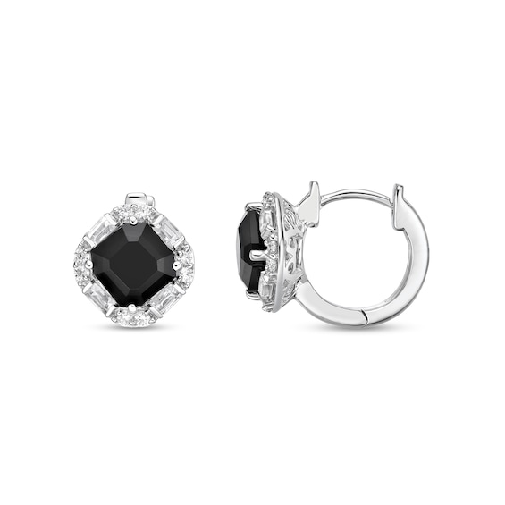 7.0mm Asscher-Cut Onyx and White Lab-Created Sapphire Tilted Cushion Frame Hoop Earrings in Sterling Silver