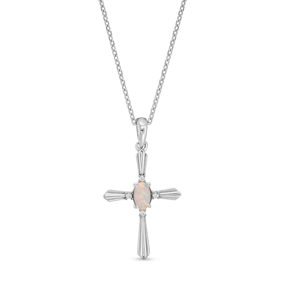 Oval Lab-Created Opal and Diamond Accent Flared Cross Pendant in Sterling Silver