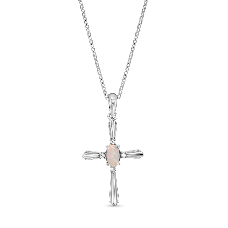 Main Image 1 of Oval Lab-Created Opal and Diamond Accent Flared Cross Pendant in Sterling Silver