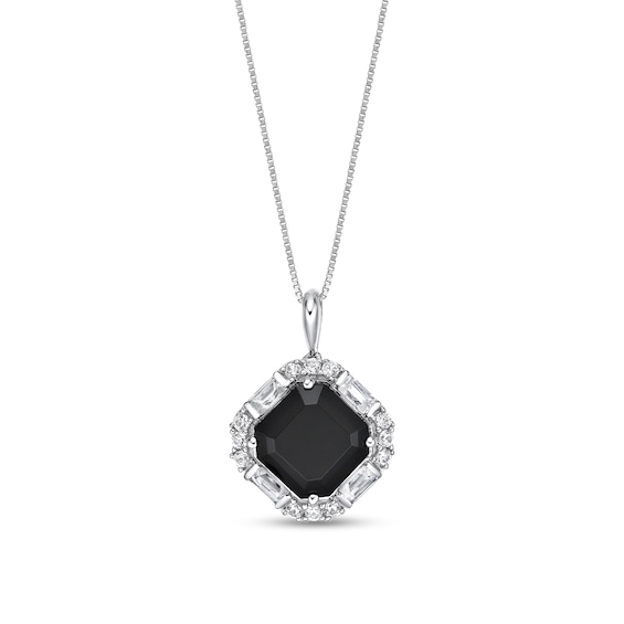 9.0mm Asscher-Cut Onyx and White Lab-Created Sapphire Tilted Cushion Frame Pendant in Sterling Silver