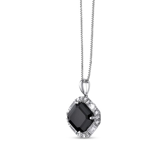 9.0mm Asscher-Cut Onyx and White Lab-Created Sapphire Tilted Cushion Frame Pendant in Sterling Silver