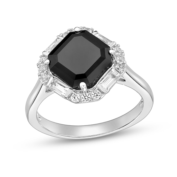 9.0mm Asscher-Cut Onyx and White Lab-Created Sapphire Tilted Cushion Frame Ring in Sterling Silver