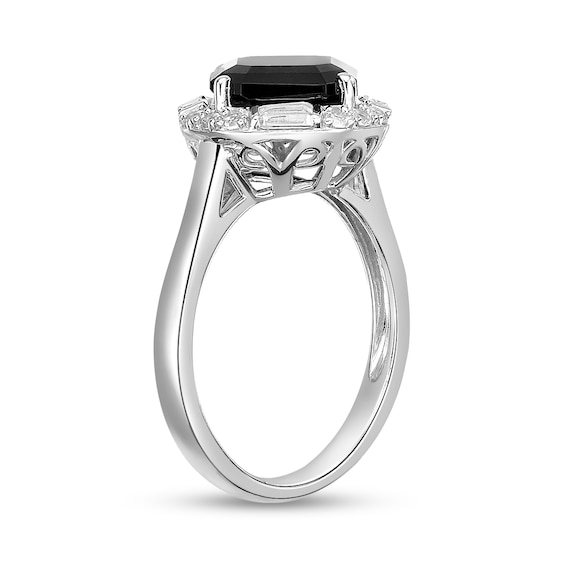 9.0mm Asscher-Cut Onyx and White Lab-Created Sapphire Tilted Cushion Frame Ring in Sterling Silver