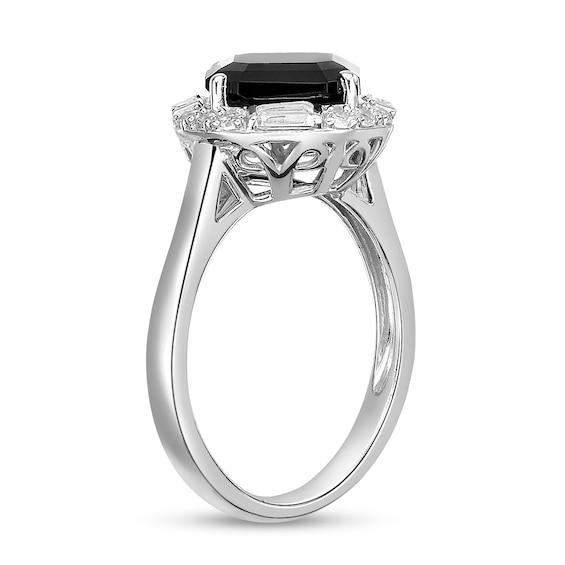 9.0mm Asscher-Cut Onyx and White Lab-Created Sapphire Tilted Cushion Frame Ring in Sterling Silver