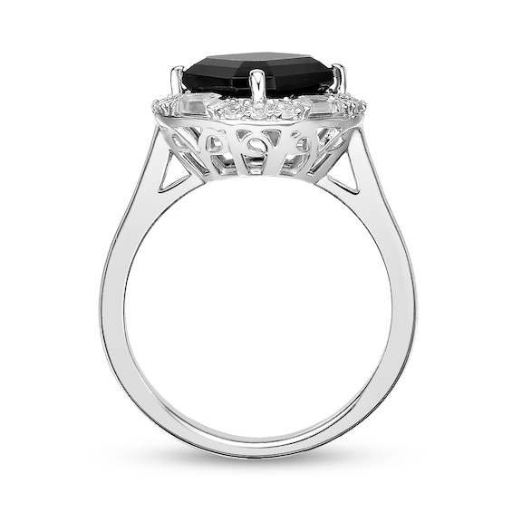 9.0mm Asscher-Cut Onyx and White Lab-Created Sapphire Tilted Cushion Frame Ring in Sterling Silver