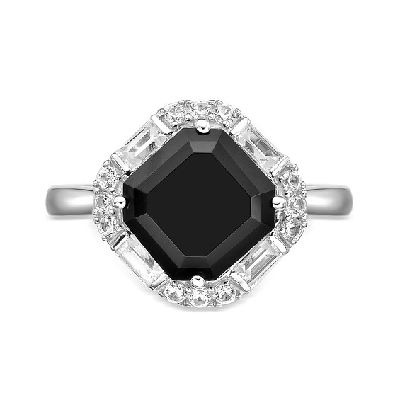 9.0mm Asscher-Cut Onyx and White Lab-Created Sapphire Tilted Cushion Frame Ring in Sterling Silver