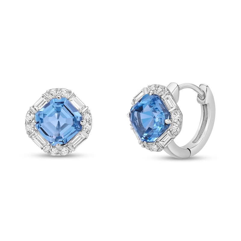 Main Image 1 of 7.0mm Asscher-Cut Swiss Blue Topaz and White Lab-Created Sapphire Tilted Cushion Frame Hoop Earrings in Sterling Silver