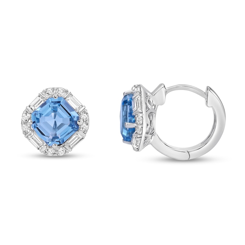 Main Image 2 of 7.0mm Asscher-Cut Swiss Blue Topaz and White Lab-Created Sapphire Tilted Cushion Frame Hoop Earrings in Sterling Silver