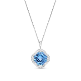 9.0mm Asscher-Cut Swiss Blue Topaz and White Lab-Created Sapphire Tilted Cushion Frame Pendant in Sterling Silver