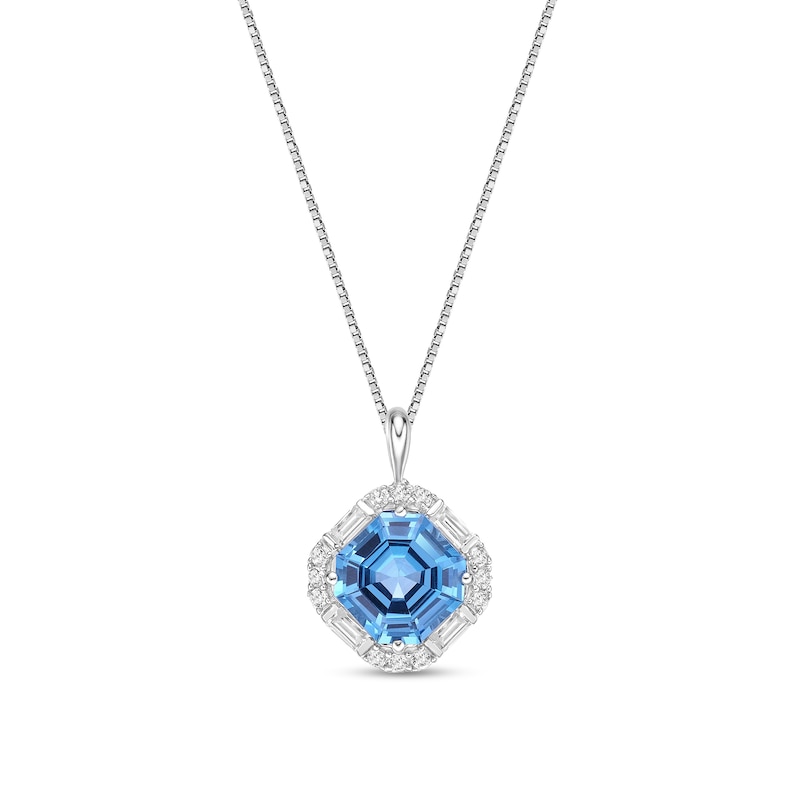 Main Image 1 of 9.0mm Asscher-Cut Swiss Blue Topaz and White Lab-Created Sapphire Tilted Cushion Frame Pendant in Sterling Silver