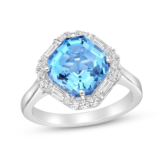 9.0mm Asscher-Cut Swiss Blue Topaz and White Lab-Created Sapphire Tilted Cushion Frame Ring in Sterling Silver