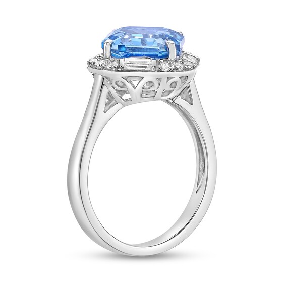 9.0mm Asscher-Cut Swiss Blue Topaz and White Lab-Created Sapphire Tilted Cushion Frame Ring in Sterling Silver