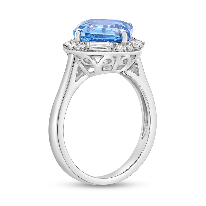 Main Image 2 of 9.0mm Asscher-Cut Swiss Blue Topaz and White Lab-Created Sapphire Tilted Cushion Frame Ring in Sterling Silver
