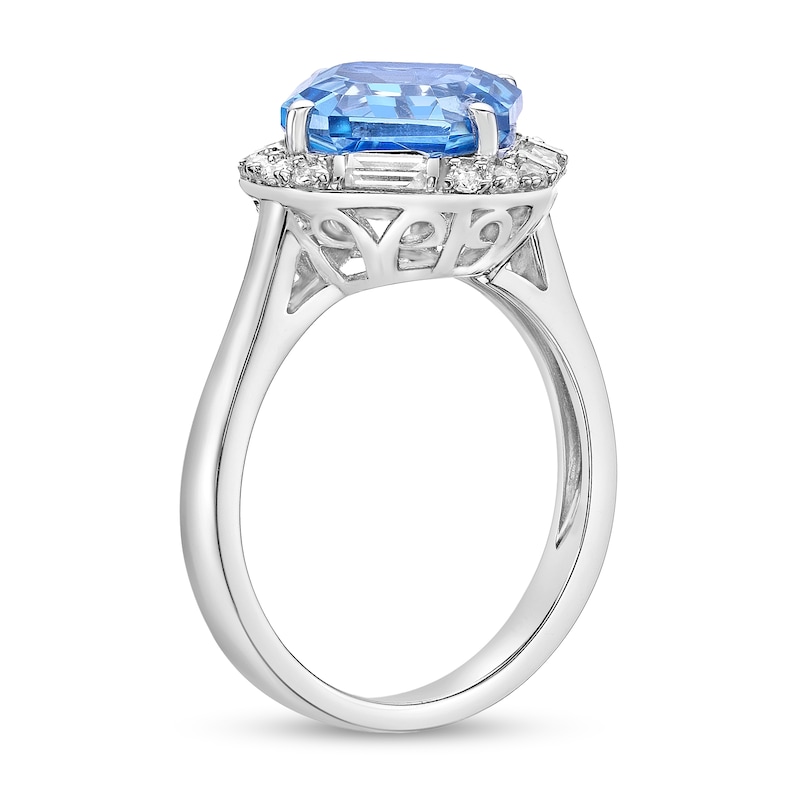 Main Image 3 of 9.0mm Asscher-Cut Swiss Blue Topaz and White Lab-Created Sapphire Tilted Cushion Frame Ring in Sterling Silver