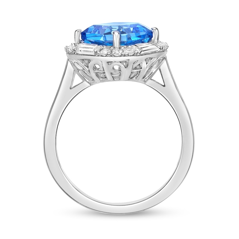 Main Image 4 of 9.0mm Asscher-Cut Swiss Blue Topaz and White Lab-Created Sapphire Tilted Cushion Frame Ring in Sterling Silver
