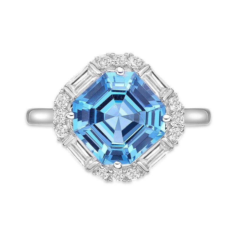 Main Image 5 of 9.0mm Asscher-Cut Swiss Blue Topaz and White Lab-Created Sapphire Tilted Cushion Frame Ring in Sterling Silver