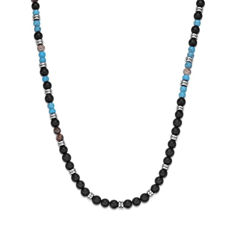 Main Image 1 of Black Agate, Brown Jasper and Turquoise Bead Necklace in Stainless Steel - 20”