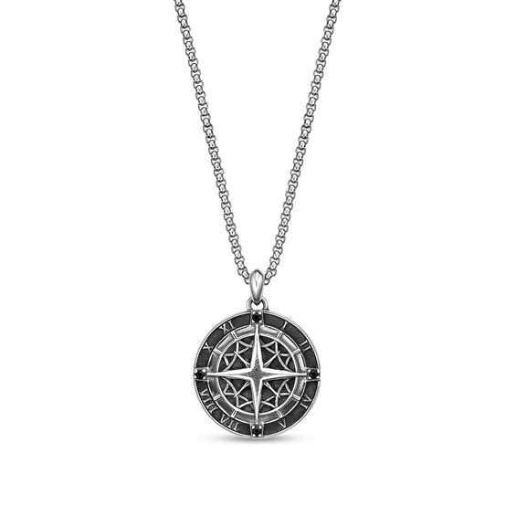 Black Spinel Oxidized Compass Pendant in Sterling Silver - 24â
