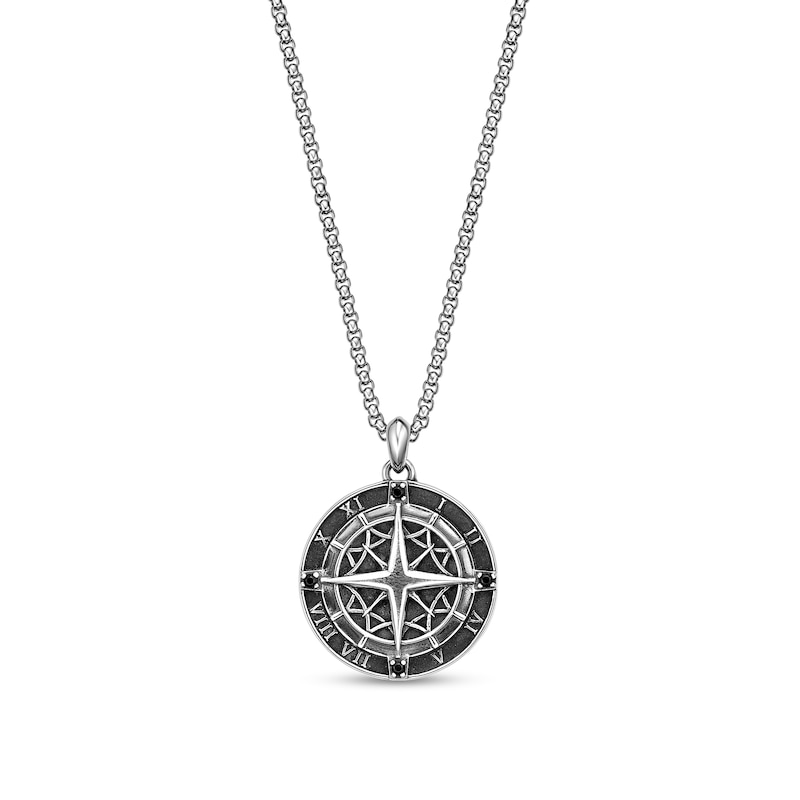 Main Image 1 of Black Spinel Oxidized Compass Pendant in Sterling Silver - 24”