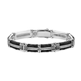 White Lab-Created Sapphire Brown Leather Oxidized Bracelet in Sterling Silver - 8.5"