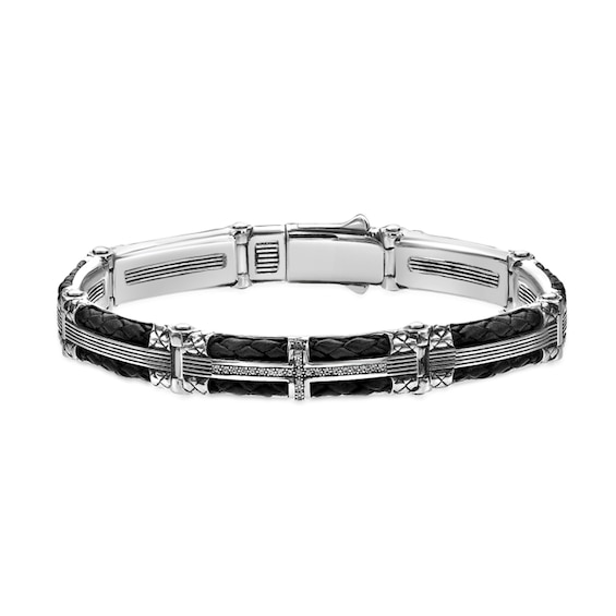 White Lab-Created Sapphire Brown Leather Oxidized Bracelet in Sterling Silver - 8.5"