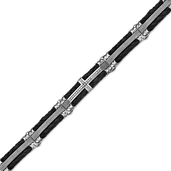 White Lab-Created Sapphire Brown Leather Oxidized Bracelet in Sterling Silver - 8.5"