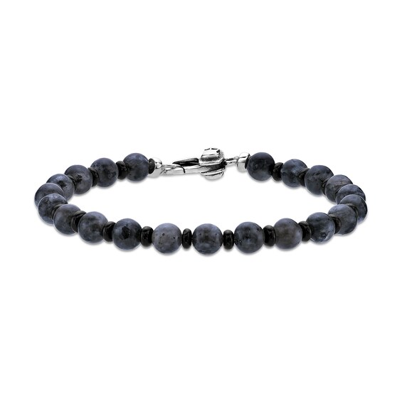 6.0mm Labradorite and Black Agate Bead Bracelet in Sterling Silver - 9.7”
