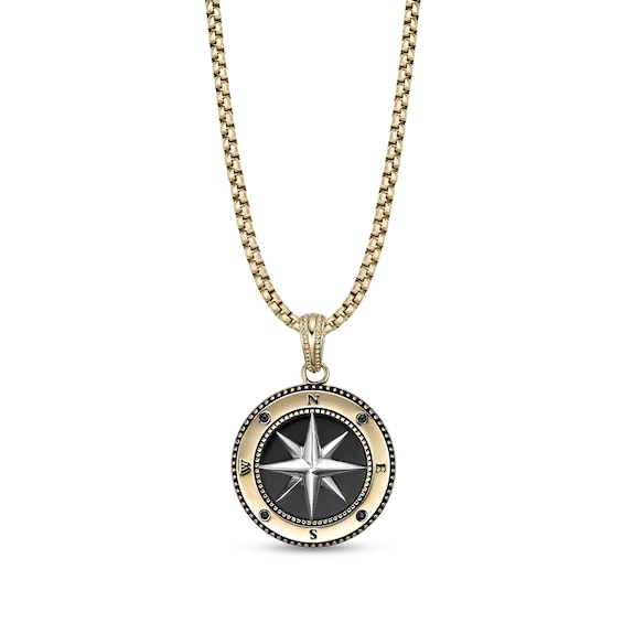 Black Spinel Compass Pendant in Stainless Steel with Black and Gold Ion Plate - 24"