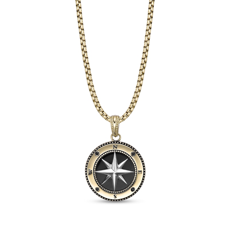 Main Image 1 of Black Spinel Compass Pendant in Stainless Steel with Black and Gold Ion Plate - 24"
