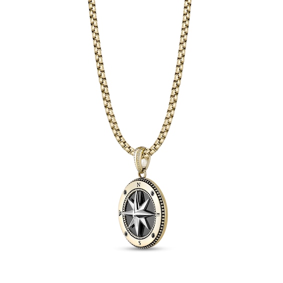 Black Spinel Compass Pendant in Stainless Steel with Black and Gold Ion Plate - 24"