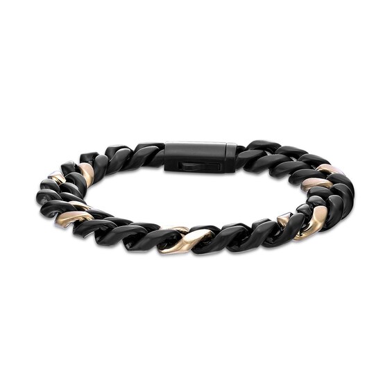 12.0mm Miami Cuban Curb Chain Bracelet in Solid Stainless Steel with Black and Yellow Ion Plate - 8.5â