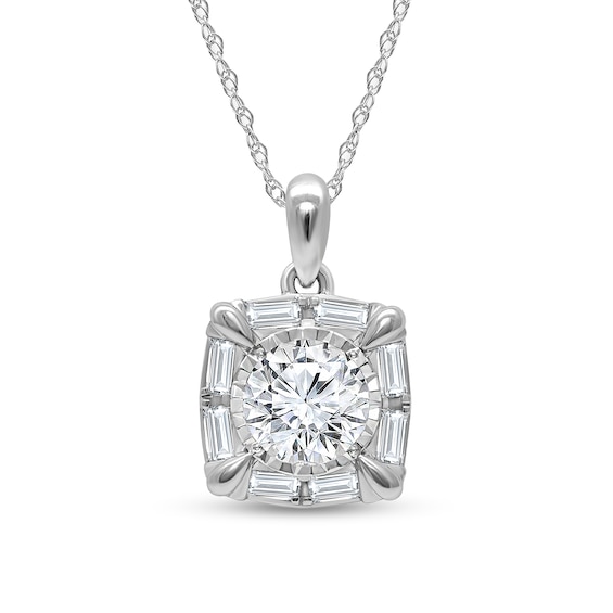 1 CT. T.w. Baguette and Round Certified Lab-Grown Diamond Cushion Frame Pendant in 10K White Gold (I/Si2)