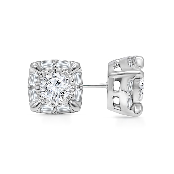 1 CT. T.w. Baguette and Round Certified Lab-Grown Diamond Cushion Frame Stud Earrings in 10K White Gold (I/Si2)