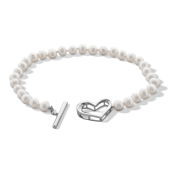 Oval Freshwater Cultured Pearl Heart Toggle Strand Bracelet in Sterling Silver - 7.5"