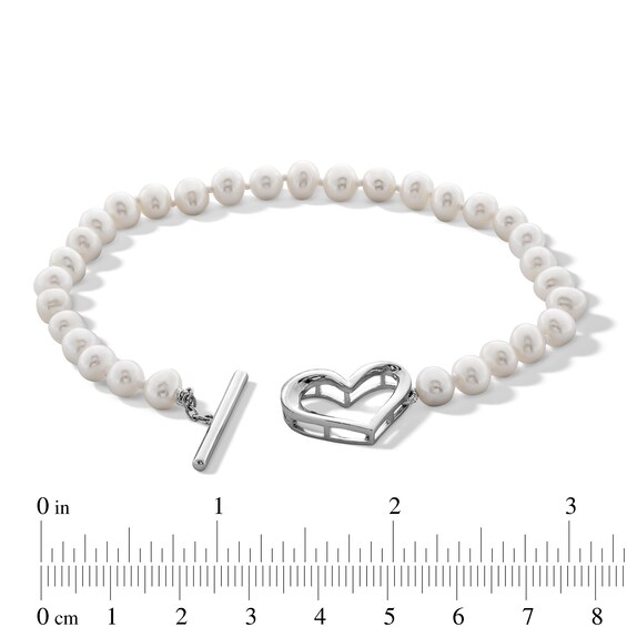 Oval Freshwater Cultured Pearl Heart Toggle Strand Bracelet in Sterling Silver - 7.5"