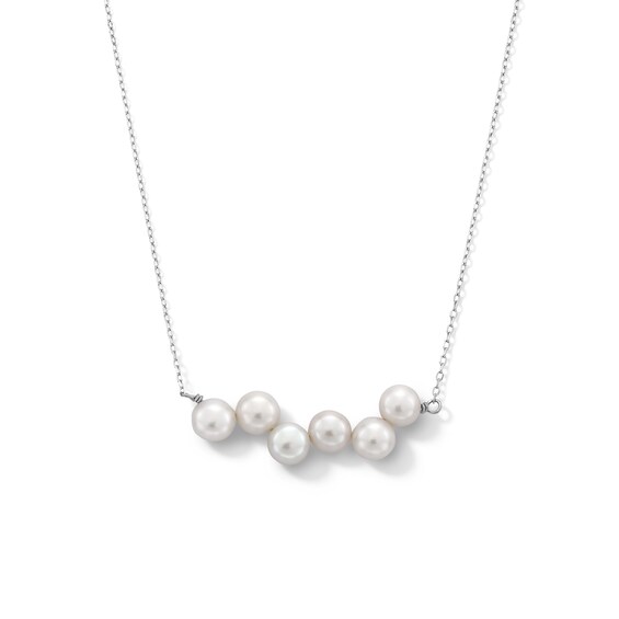6.0-6.5mm Button Freshwater Cultured Pearl Six Stone Bar Necklace in Sterling Silver