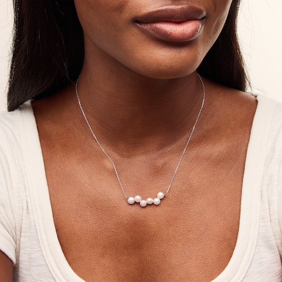 6.0-6.5mm Button Freshwater Cultured Pearl Six Stone Bar Necklace in Sterling Silver