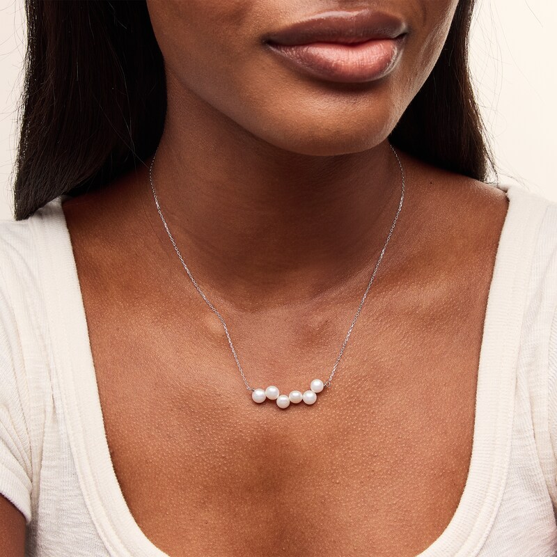 Main Image 2 of 6.0-6.5mm Button Freshwater Cultured Pearl Six Stone Bar Necklace in Sterling Silver