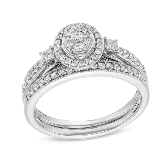 1/2 CT. T.w. Oval-Shaped Multi-Diamond Frame Collar Vintage-Style Bridal Set in 10K White Gold